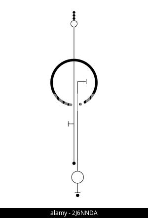 Linear Minimalist Tattoo, Heilige Geometrie, Mystical Center, abstrakte esoterische schwarze Zeichen Vektor-Illustration isoliert auf weißem Hintergrund Stock Vektor