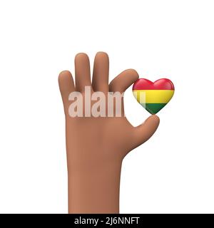 Hand hält ein bolivianische Flaggenherz. Gemeinschaftskonzept. 3D Rendering Stockfoto