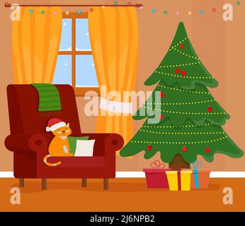 Weihnachtliche Zimmereinrichtung. Weihnachtsbaum, Geschenk und Dekoration. Stock Vektor