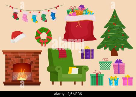 Weihnachtsobjekte Set. Abbildung der Kollektion Holiday Objects: Kamin, Sofa, santa-Tasche, weihnachtssocken, Geschenk, weihnachtsbaum, weihnachtsmütze Stock Vektor