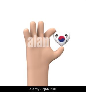 Hand hält ein Herz der südkoreaflagge. Gemeinschaftskonzept. 3D Rendering Stockfoto