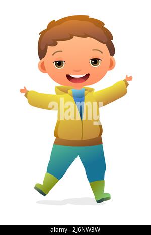 Kleiner Junge Vorschulkinder. Person in Herbstkleidung. Regenmantel und Gummistiefel. Fröhliches, lustiges Kind. Baby Joy. Niedliches Kind. Illustration im Cartoon-Stil Stock Vektor