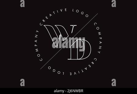 White Outline WD w d Letter Logo mit Schnitt- und Schnittdesign und rundem Rahmen. Vektorgrafik mit Monogramm-Design und geschriebenem Kreis. Stock Vektor