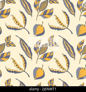 Samenschoten haben ein Doodle-Muster, das nahtlos wie Physalis-Bohnen ist. Vektorgrafik Stock Vektor