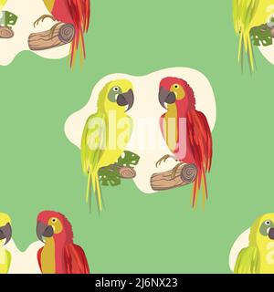Nahtloses Muster mit niedlichen Cartoon Papagei Vogel auf Ast. Vektor-Illustration für Tapete, Stoff, Textil. Sommerlicher exotischer Druck. Tropischer Papagei Stock Vektor