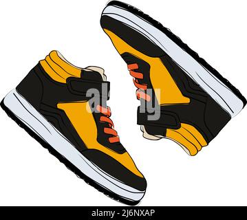 Sketch Sneaker, Concept Drawing Schuhe, ein Sneaker mit Draufsicht, flaches Design, farbenfrohe Fashion Shoe Illustration, gelb schwarz und orange Farben Stock Vektor