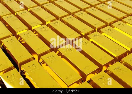 Nahaufnahme einer Menge von glänzenden feinen Goldbarren 1000 Gramm auf Hintergrund Konzept Idee gestapelt. Schatzblöcke für Reichtum und Investitionen. 3D Rendern. Stockfoto