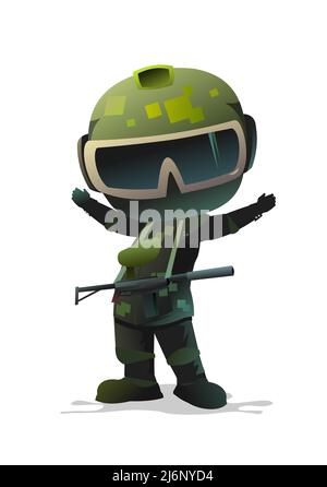 Krieger Paintball Spieler freut sich über den Sieg. Komische lustige Figur. Helm, Maske und Uniform. Isoliert auf weißem Hintergrund. Vektor. Stock Vektor