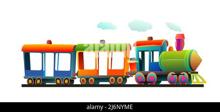 Lokomotive fährt auf der Eisenbahn. Bunte Wagen. Illustration im Cartoon-Stil. Niedliches Kinderchen. Isoliert auf weißem Hintergrund. Vektor. Stock Vektor