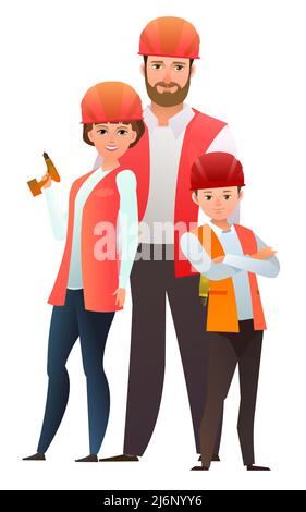 Mann und Frau und Kind Sohn Baumeister in Weste und Schutzhelm. Fröhliche Person. Stehende Pose. Flaches Design im Comic-Stil. Ein Zeichen Stock Vektor