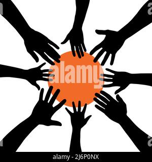 Gruppe von Menschen, die sich mit einem orangefarbenen Kreis in der Mitte als Sonne, zusammen und Vielfalt, Draufsicht Hand Sammeln Silhouette Stock Vektor