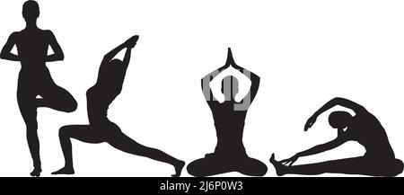 Yoga Positionen Vektor Silhouette, 4 Arten von Yoga Bewegung Silhouette, Meditationskonzept, Gesundheit Idee, schwarze Farbe isoliert auf weißem Hintergrund Stock Vektor