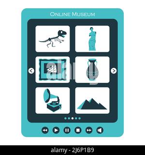 Konzept des Besuchs eines Online-Museums oder einer Ausstellung. Tablet mit Kategorien von Museumsstücken. Die Symbole der Skulptur, alte Kultur, das Skelett von Stock Vektor