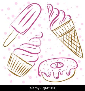 Darstellung von Farbvektoren. Set aus Cupcake, Eiscreme in einem Horn, Eiszapfen und Donut. Elemente werden von Hand gezeichnet und auf weißem Hintergrund isoliert.obye Stock Vektor