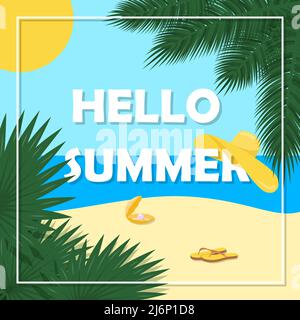 Inspirierendes Konzeptposter mit den Worten - Hello Summer. Helle Farbvektordarstellung mit tropischen Blättern und Sonne auf dem Hintergrund des Meeres Stock Vektor