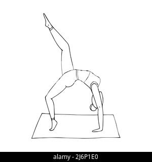 Ein junges Mädchen praktiziert Hatha Yoga. Indische Kultur. Gymnastik, gesunder Lebensstil. Doodle-Stil. Schwarz-Weiß-Vektorgrafik. Handgezeichnet, isola Stock Vektor