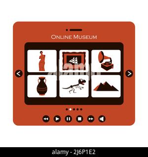 Konzept des Besuchs eines Online-Museums oder einer Ausstellung. Tablet mit Kategorien von Museumsstücken. Die Symbole der Skulptur, alte Kultur, das Skelett von Stock Vektor