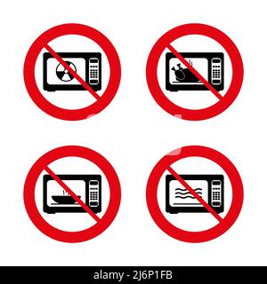 Verbotsschilder, Verbotsschilder, Nein- oder Stoppschilder. Mikrowellen-Symbole. Nicht in der Mikrowelle kochen. Kochen Sie im Symbol für den Elektroherd. Verbotene verbotene rote Schrift Stock Vektor