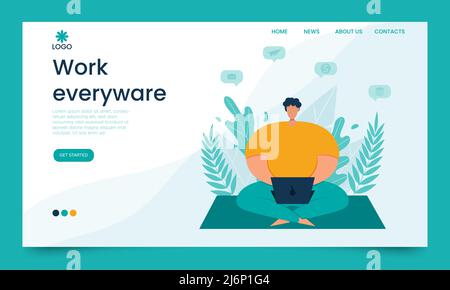Vorlage für Landing-Page. Das Konzept einer Webseite für Freiberufler, standortunabhängiges Arbeiten, Telearbeit und Unternehmen. Ein Mann arbeitet mit einem Laptop, der in t sitzt Stock Vektor