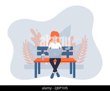 Das Konzept der Remote-Arbeit.Redhead Mädchen sitzt mit gekreuzten Beinen auf einer Parkbank und arbeitet in einem Laptop. Farbe Vektor Illustration.flacher Stil. Abstract b Stock Vektor