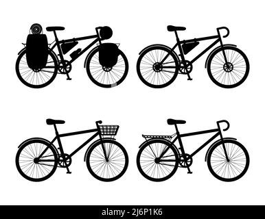 Silhouetten von Fahrrädern. Tourenrad mit Rucksäcken, Gepäcktasche, Citybike mit Kofferraum, Korb und Scheibenbremsen. Schwarz-Weiß-Vektorgrafik, Stock Vektor