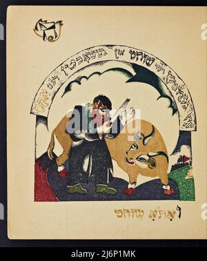 Illustrierte jiddische Version des von El Lissitzky (Lazar Markovich Lissitzky) illustrierten Kinderbuchs von Had Gadya, das 1919 in Kiew veröffentlicht wurde Chad Gadya oder Had Gadya ('eine kleine Ziege oder 'ein Kind') ist ein verspieltes Sammellied auf Aramäisch und Hebräisch. Es wird am Ende des Passahfestes Seder gesungen, dem jüdischen Ritualfest, das den Beginn des jüdischen Passahfestes markiert. Die Melodie mag ihre Wurzeln in der mittelalterlichen deutschen Volksmusik haben. Sie erschien erstmals 1590 in einer Haggada, die in Prag gedruckt wurde, und ist damit die jüngste Aufnahme in die traditionelle Passahsederliturgie Stockfoto