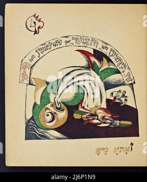 Illustrierte jiddische Version des von El Lissitzky (Lazar Markovich Lissitzky) illustrierten Kinderbuchs von Had Gadya, das 1919 in Kiew veröffentlicht wurde Chad Gadya oder Had Gadya ('eine kleine Ziege oder 'ein Kind') ist ein verspieltes Sammellied auf Aramäisch und Hebräisch. Es wird am Ende des Passahfestes Seder gesungen, dem jüdischen Ritualfest, das den Beginn des jüdischen Passahfestes markiert. Die Melodie mag ihre Wurzeln in der mittelalterlichen deutschen Volksmusik haben. Sie erschien erstmals 1590 in einer Haggada, die in Prag gedruckt wurde, und ist damit die jüngste Aufnahme in die traditionelle Passahsederliturgie Stockfoto