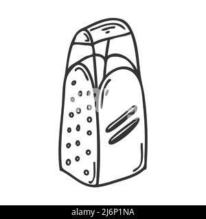 Küchenreibe im Doodle-Stil. Utensilien zum Zerkleinern von Gemüselementes für Menüdesign, Rezepte, Lebensmittelverpackungen und Kochzeitschriften.Handgezeichnete und Stock Vektor