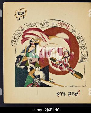 Illustrierte jiddische Version des von El Lissitzky (Lazar Markovich Lissitzky) illustrierten Kinderbuchs von Had Gadya, das 1919 in Kiew veröffentlicht wurde Chad Gadya oder Had Gadya ('eine kleine Ziege oder 'ein Kind') ist ein verspieltes Sammellied auf Aramäisch und Hebräisch. Es wird am Ende des Passahfestes Seder gesungen, dem jüdischen Ritualfest, das den Beginn des jüdischen Passahfestes markiert. Die Melodie mag ihre Wurzeln in der mittelalterlichen deutschen Volksmusik haben. Sie erschien erstmals 1590 in einer Haggada, die in Prag gedruckt wurde, und ist damit die jüngste Aufnahme in die traditionelle Passahsederliturgie Stockfoto