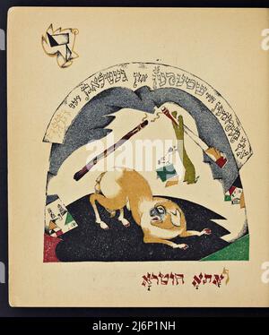 Illustrierte jiddische Version des von El Lissitzky (Lazar Markovich Lissitzky) illustrierten Kinderbuchs von Had Gadya, das 1919 in Kiew veröffentlicht wurde Chad Gadya oder Had Gadya ('eine kleine Ziege oder 'ein Kind') ist ein verspieltes Sammellied auf Aramäisch und Hebräisch. Es wird am Ende des Passahfestes Seder gesungen, dem jüdischen Ritualfest, das den Beginn des jüdischen Passahfestes markiert. Die Melodie mag ihre Wurzeln in der mittelalterlichen deutschen Volksmusik haben. Sie erschien erstmals 1590 in einer Haggada, die in Prag gedruckt wurde, und ist damit die jüngste Aufnahme in die traditionelle Passahsederliturgie Stockfoto