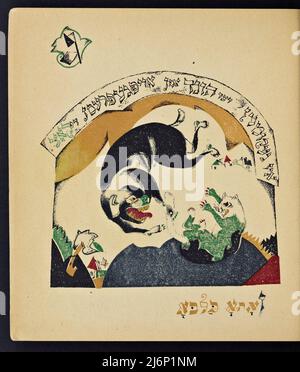 Illustrierte jiddische Version des von El Lissitzky (Lazar Markovich Lissitzky) illustrierten Kinderbuchs von Had Gadya, das 1919 in Kiew veröffentlicht wurde Chad Gadya oder Had Gadya ('eine kleine Ziege oder 'ein Kind') ist ein verspieltes Sammellied auf Aramäisch und Hebräisch. Es wird am Ende des Passahfestes Seder gesungen, dem jüdischen Ritualfest, das den Beginn des jüdischen Passahfestes markiert. Die Melodie mag ihre Wurzeln in der mittelalterlichen deutschen Volksmusik haben. Sie erschien erstmals 1590 in einer Haggada, die in Prag gedruckt wurde, und ist damit die jüngste Aufnahme in die traditionelle Passahsederliturgie Stockfoto