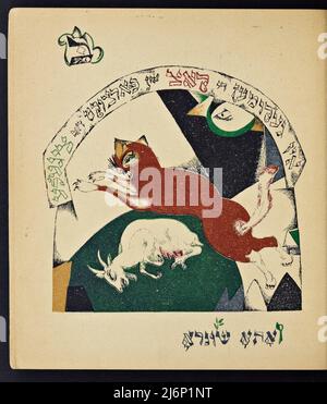 Illustrierte jiddische Version des von El Lissitzky (Lazar Markovich Lissitzky) illustrierten Kinderbuchs von Had Gadya, das 1919 in Kiew veröffentlicht wurde Chad Gadya oder Had Gadya ('eine kleine Ziege oder 'ein Kind') ist ein verspieltes Sammellied auf Aramäisch und Hebräisch. Es wird am Ende des Passahfestes Seder gesungen, dem jüdischen Ritualfest, das den Beginn des jüdischen Passahfestes markiert. Die Melodie mag ihre Wurzeln in der mittelalterlichen deutschen Volksmusik haben. Sie erschien erstmals 1590 in einer Haggada, die in Prag gedruckt wurde, und ist damit die jüngste Aufnahme in die traditionelle Passahsederliturgie Stockfoto