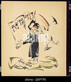 Illustrierte jiddische Version des von El Lissitzky (Lazar Markovich Lissitzky) illustrierten Kinderbuchs von Had Gadya, das 1919 in Kiew veröffentlicht wurde Chad Gadya oder Had Gadya ('eine kleine Ziege oder 'ein Kind') ist ein verspieltes Sammellied auf Aramäisch und Hebräisch. Es wird am Ende des Passahfestes Seder gesungen, dem jüdischen Ritualfest, das den Beginn des jüdischen Passahfestes markiert. Die Melodie mag ihre Wurzeln in der mittelalterlichen deutschen Volksmusik haben. Sie erschien erstmals 1590 in einer Haggada, die in Prag gedruckt wurde, und ist damit die jüngste Aufnahme in die traditionelle Passahsederliturgie Stockfoto