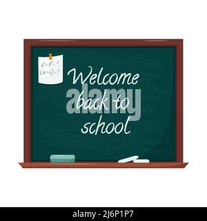 Tafel mit Schriftzug Zurück in die Schule. Auf dem Brett befinden sich Kreidezeichen. Ein Notizblatt ist mit einer Schaltfläche angehängt. Platz kopieren, ein Ort für Text Stock Vektor