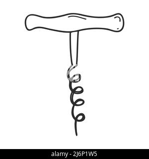 Korkenzieher. Geschirr. Küchenzubehör, Kochutensilien. Designelement für Menügestaltung, Rezepte und Lebensmittelverpackungen. Handgezeichnet und isoliert auf w Stock Vektor