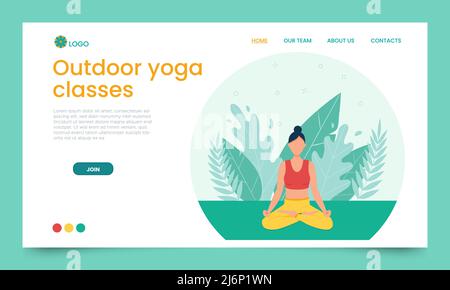 Das Mädchen praktiziert Yoga unter freiem Himmel. Vorlage für Landing-Page. Das Konzept des Outdoor Yoga.Yoga-Kurse in der Natur. Flacher Style. Frau sitzt im Lotus Stock Vektor