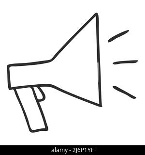 Ein Mundstück im Doodle-Stil. Ein Symbol für Klatsch, Verbreitung von Wissen und Informationen. Eine einfache Schwarz-Weiß-Illustration ist von Hand gezeichnet und isoliert Stock Vektor