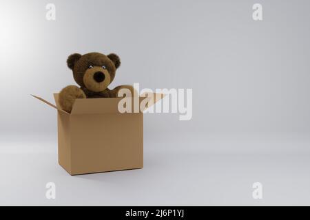 Teddybär in der Pappschachtel auf weißem Hintergrund. 3D Rendering des Bildes. Stockfoto