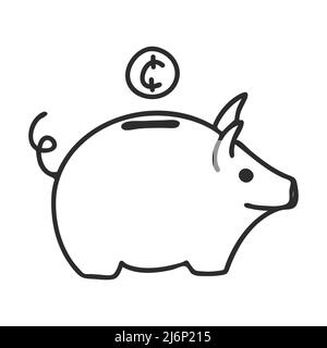 Sparschwein im Doodle-Stil. Das Symbol der Einsparungen. Handgezeichnet und isoliert auf weißem Hintergrund. Schwarz-Weiß-Vektorgrafik. Stock Vektor