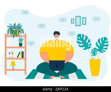 Ein junger übergewichtiger männlicher Freiberufler verbringt Zeit auf einem Laptop und sitzt mit gekreuzten Beinen. Das Konzept der Remote-Arbeit von zu Hause aus.Vector illustrr Stock Vektor