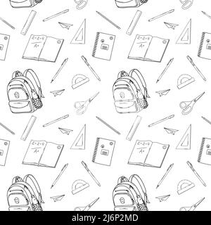 Nahtloses Muster zum Thema Schule, Bildung und Ausbildung. Einfache Doodle-Stil Elemente sind von Hand gezeichnet und isoliert auf weiß.Laptop, Rucksack, Stock Vektor