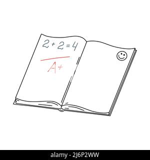 Öffnen Sie das Schulnotizbuch mit einem Beispiel und einer Bewertung. Doodle. Schreibwaren für Schüler und Studenten. Design-Element für Produkte für Schule, Studium. Schwarz- Stock Vektor