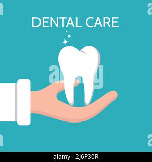 Ein gesunder menschlicher Zahn liegt in der Hand. Symbol der Zahnpflege, Mundgesundheit. Design-Element zum Thema Zahnmedizin, eine gesunde Lebensweise.Flat-Stil, i Stock Vektor