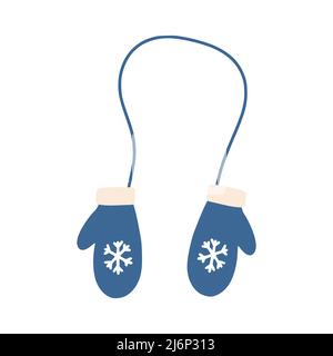 Fäustlinge mit Schneeflocke auf einem elastischen Band im Doodle-Stil. Ein Kleidungsstück für den Winter. Eine einfache, niedliche handgezeichnete Zeichnung. Hygge, ein gemütliches Zuhause, comfor Stock Vektor