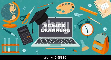Eine Reihe von Designelementen zum Thema Online-Lernen, Schulen und Bildung. Konzept des Banners. Flach, horizontal. Der Hintergrund ist ein pa Stock Vektor