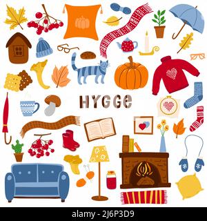 Eine Reihe von Elementen zum Thema Hygge, Herbst und ein gemütliches Zuhause. Eine Sammlung von handgezeichneten Designelementen, isoliert auf weißem Hintergrund. Farbvektor Stock Vektor