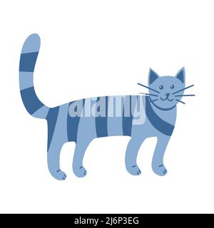 Seltsame gestreifte Katze im Doodle-Stil. Das Haustier steht auf allen Vieren. Tier. Eine einfache, niedliche handgezeichnete Zeichnung. Isoliert auf weißem Hintergrund. Farbvec Stock Vektor