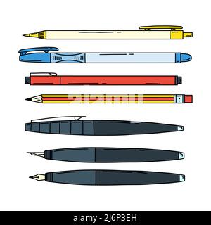 Satz von Stiften, automatische und normale Stifte, Kalligraphie Stift. Schreibwaren zum Schreiben und Zeichnen. Schulbedarf. Darstellung von Farbvektoren. Doodle st Stock Vektor