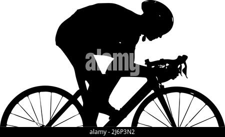 Racer Reiten Rennrad Vektor Silhouette, schwarze Farbe isoliert auf weißem Hintergrund, eine helmeted Person fahren ein Fahrrad schnelle Silhouette Stock Vektor