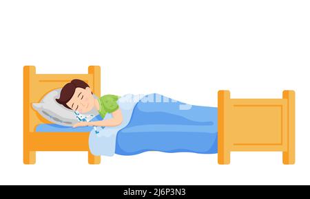 Ein Junge schläft im Bett mit seinen Armen um ein Roboterspielzeug. Cartoon schön, niedlichen Charakter. Das Kind lächelt im Schlaf. Nachtruhe. Illustration für Kinder Stock Vektor